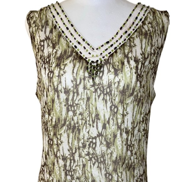 Bob Mackie Studio Cream, Brown & Green Lined Sleeveless 100% Silk Top  Size 6 - Picture 3 of 9